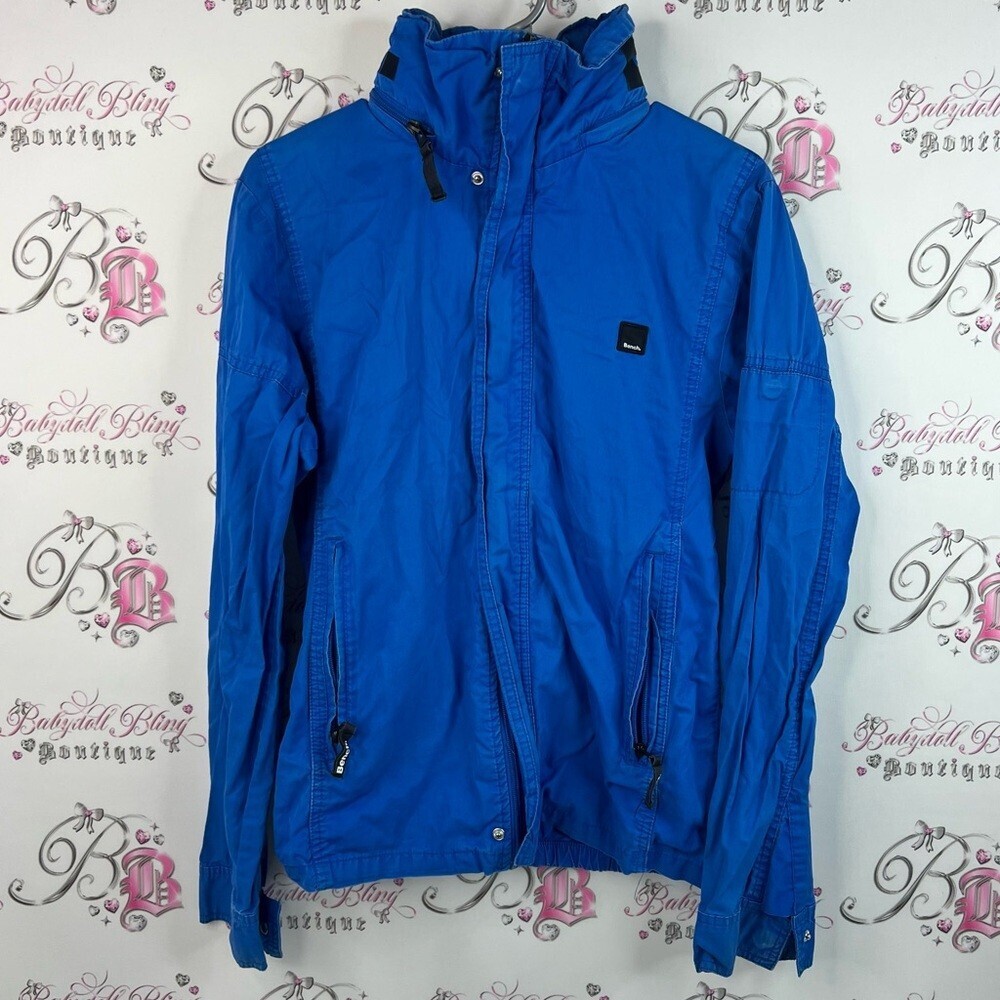 Bench jacket coat hood inside collar royal blue Vibrant Blue Jacket embroidered
